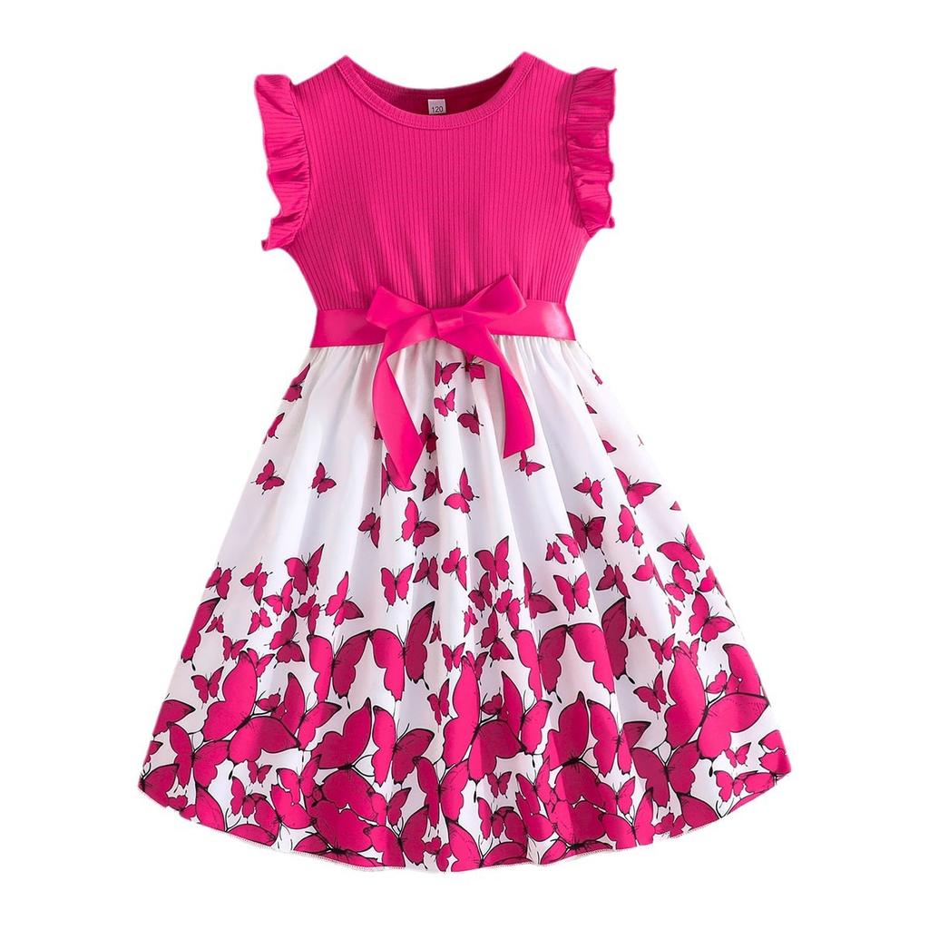 Girls' Butterfly Print Sleeveless Dress + Belt 2025 Summer Children's Fashion Casual Dress