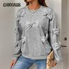 Women's Long Sleeve Pullover Casual Autumn Bow Patchwork Grey Crew Neck Sweatshirt