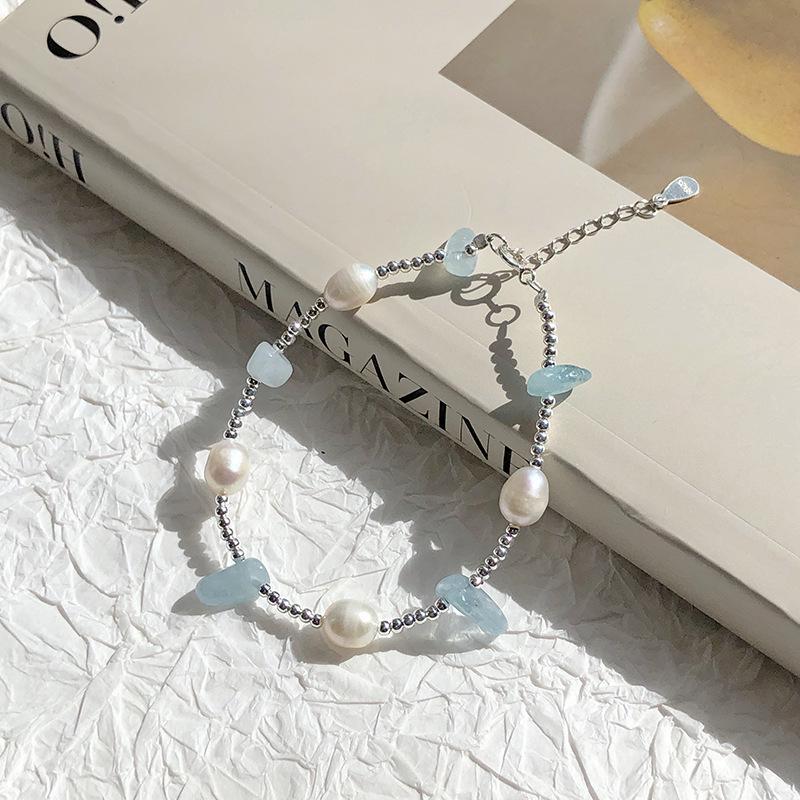 Неправильной формы аквамарин и пресноводный жемчуг S925 стерлинговое серебро минималистичное колье