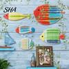 Rental-friendly Wall Decor 5Pcs Wooden Fish Decor, Coastal Tropical Ornaments with Hand-Painted Stripes, Art Decorations Hand-painted for Barthroom