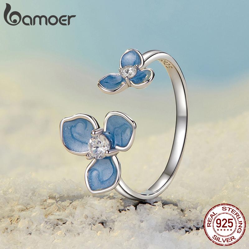 BAMOER Кольцо регулируемого размера из стерлингового серебра 925 пробы с синим цветком, покрытое белым золотом, милые кольца для обещания на Рождество, изящные шикарные украшения