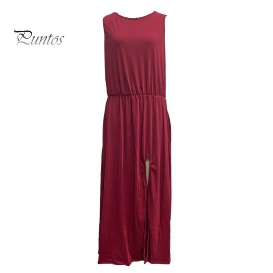 Женское летнее платье с плиссировкой, круглым вырезом, без рукавов, однотонное, свободное, с разрезом, макси-платье, повседневная одежда для свиданий, вечеринок, длинное платье