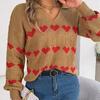Autumn Winter Vintage Loose Long Sleeve Top Heart Print Cardigan Knitwear V-Neck Sweater