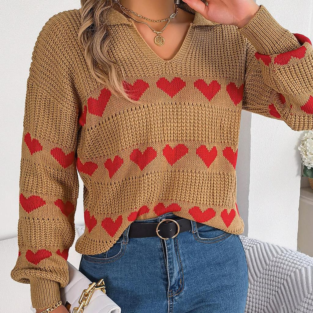 Autumn Winter Vintage Loose Long Sleeve Top Heart Print Cardigan Knitwear V-Neck Sweater