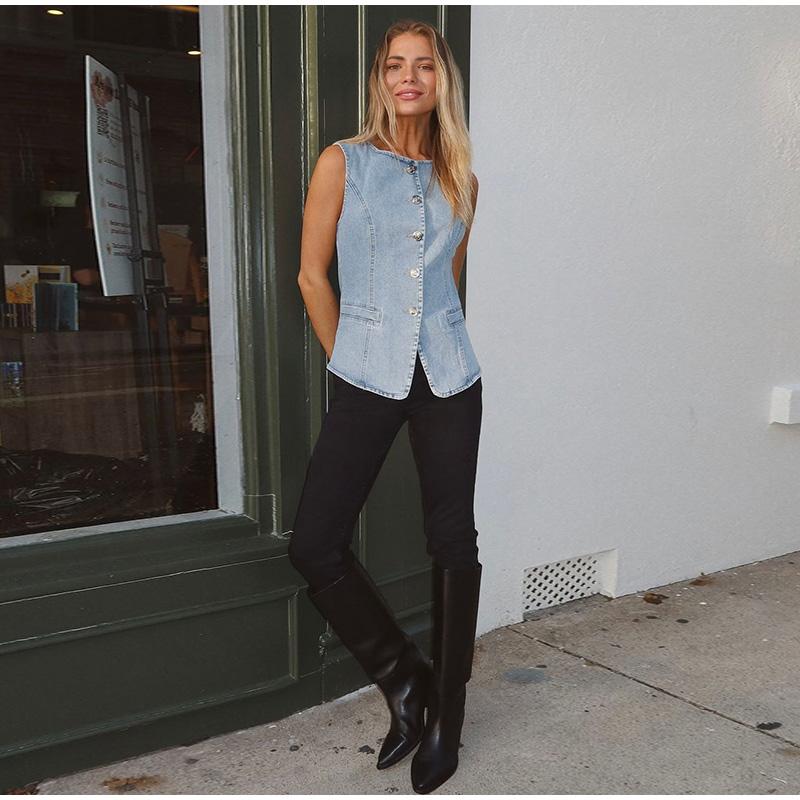 Повседневный женский джинсовый жилет, облегающий, с круглым вырезом, однобортный, на пуговицах, без рукавов, женский, весна 2025, женский винтажный универсальный жилет