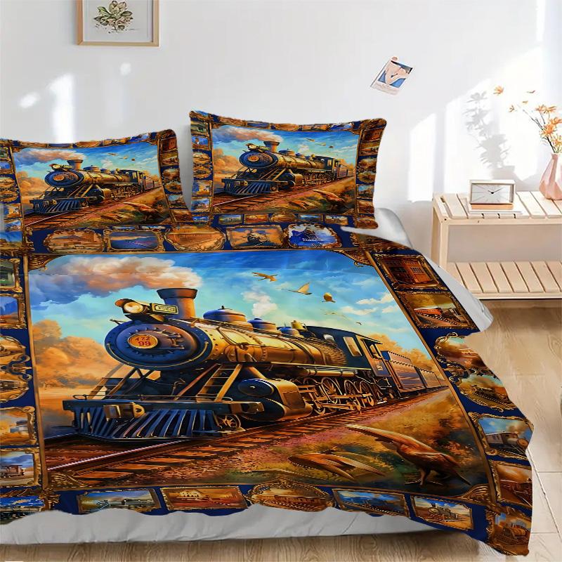 Steam Train Journey Print 3Pcs Bedding Setduvet Cover With 2 Bedropillowcase Home Birthday Gift