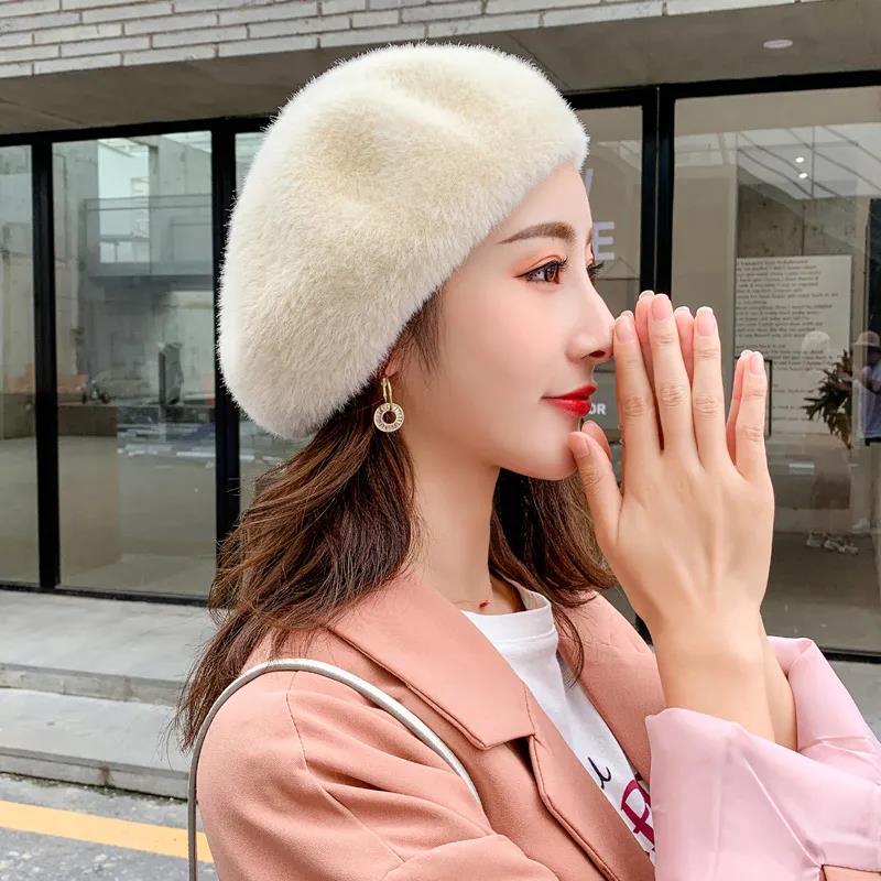 Women's Autumn and Winter Hats Plus Velvet Thickening Warm Ear Protection Knitted Hat Beret Rabbit Fur Hat Woolen Hat Women