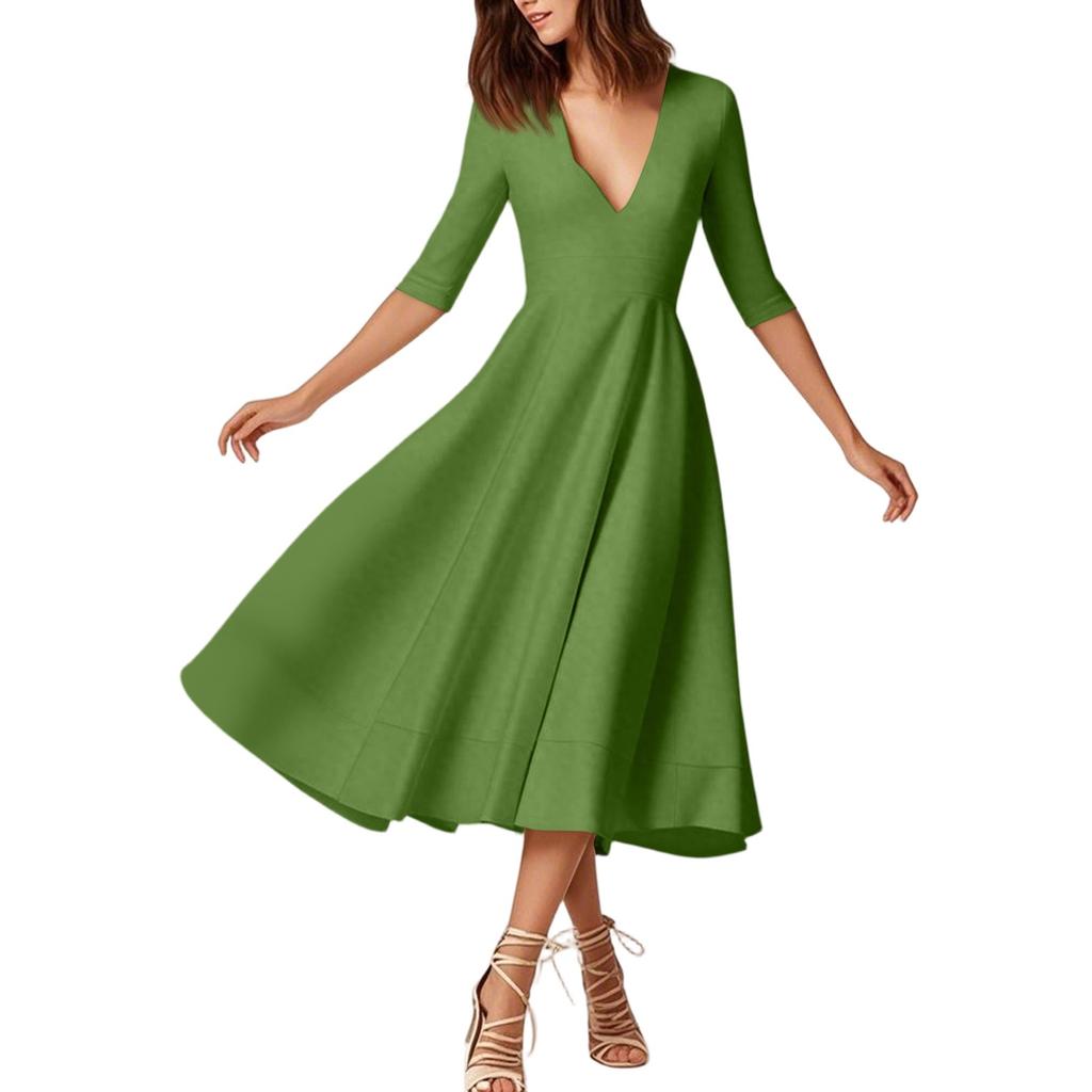 Женское модное платье средней длины со средним рукавом, сексуальное платье с V-образным вырезом