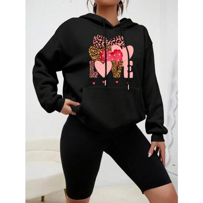 Леопардовый принт Любовь Креативное сочетание Дизайн Женская уличная одежда Индивидуальность Флисовая толстовка с капюшоном Креативность Модная одежда Новый пуловер