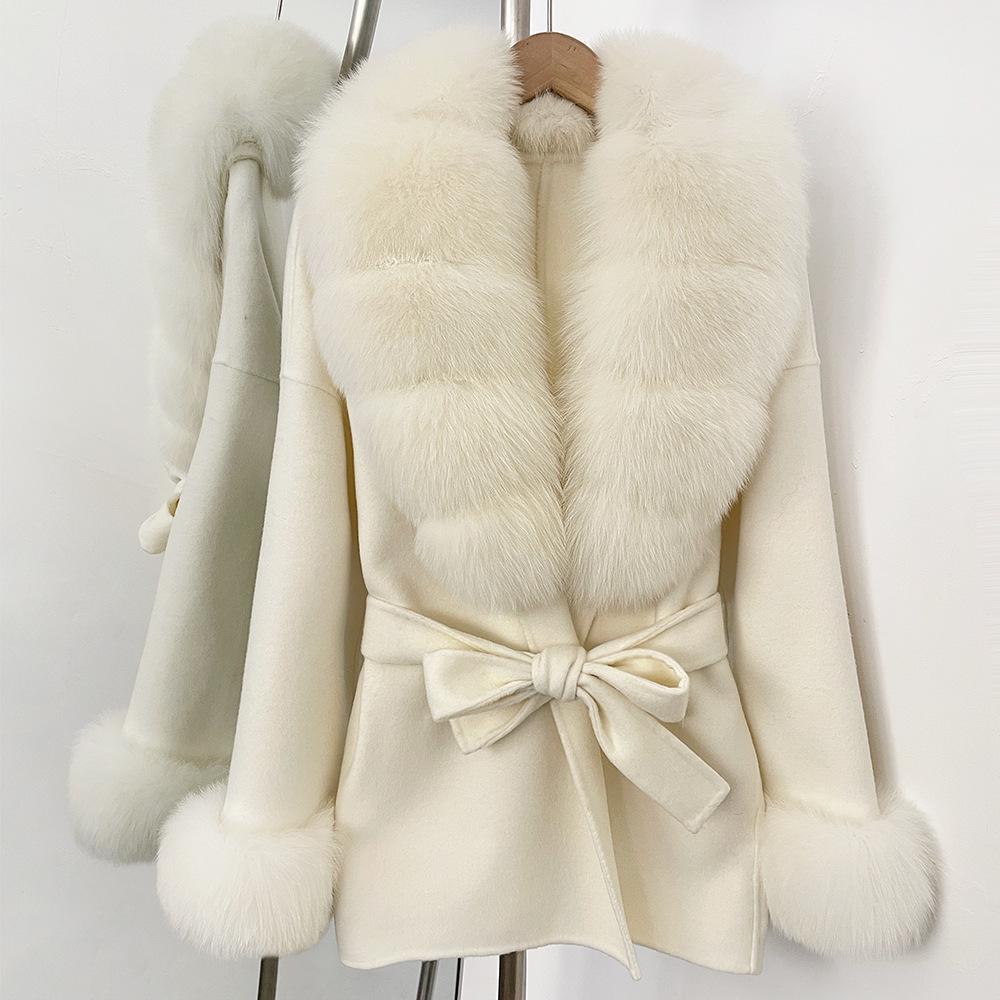 Temperament fashionable double-sided high-quality fox big fur collar lace-up medium and long versatile woolen coat