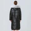 Leave-in glossy over-the-knee long cotton-padded clothes for women's simulation of large fur-collared cotton-padded jackets, horizontal grid plush ins