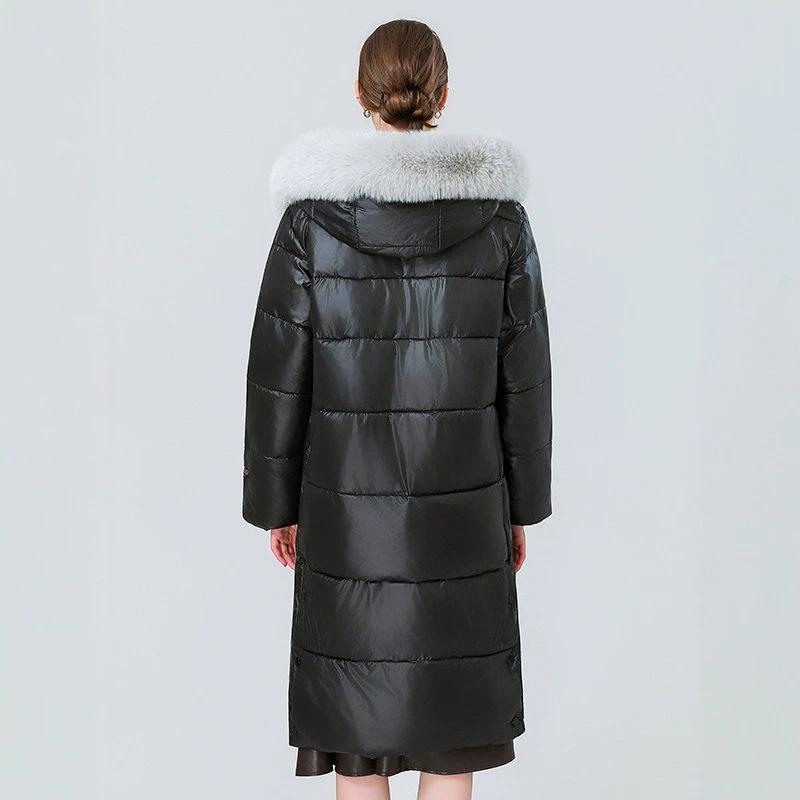 Leave-in glossy over-the-knee long cotton-padded clothes for women's simulation of large fur-collared cotton-padded jackets, horizontal grid plush ins
