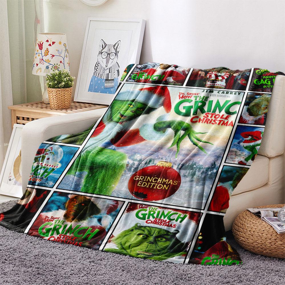 Christmas Grinch Cartoon printing Flannel Blanket Bedroom Sofa Camping Warm blanket Gifts for family and friends-MJ019