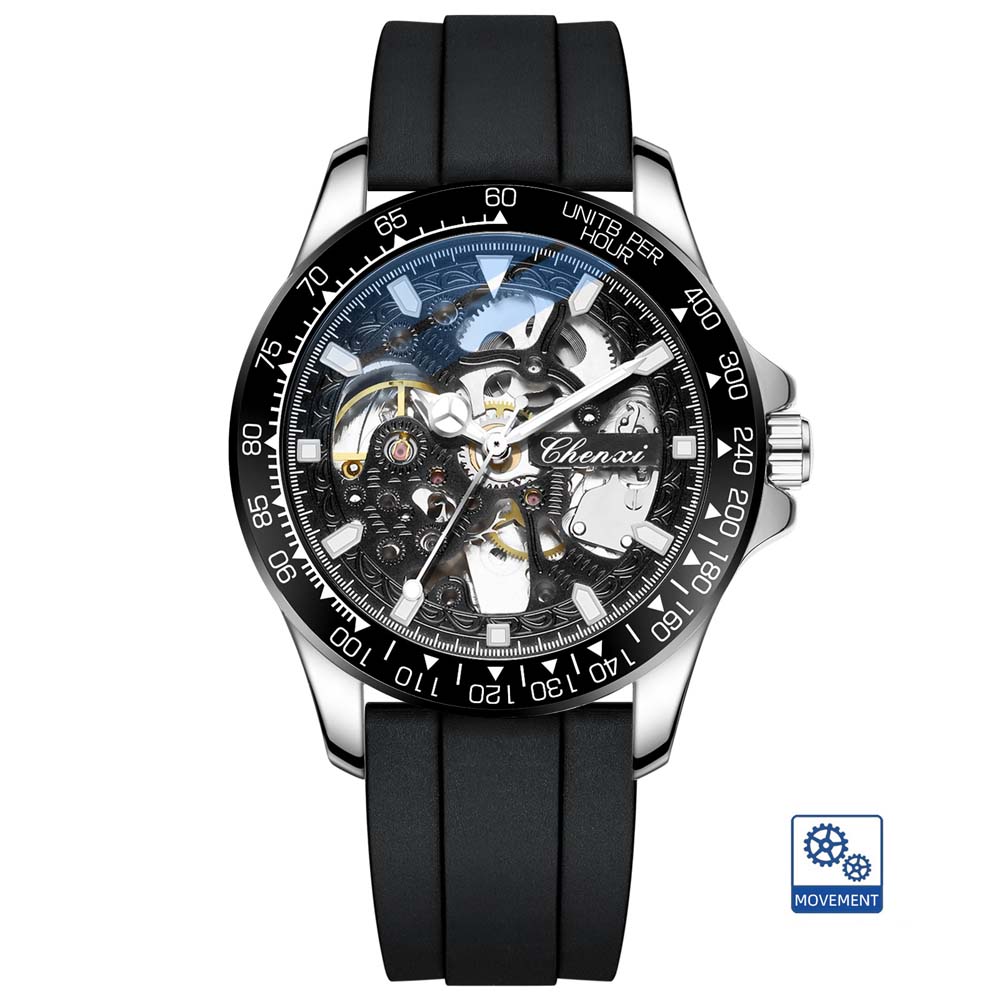 CHENXI Openwork Automatic Mechanical Watch Silicone Strap Submariner Fashion Men's Watch Mechanical Watch relojes para hombres