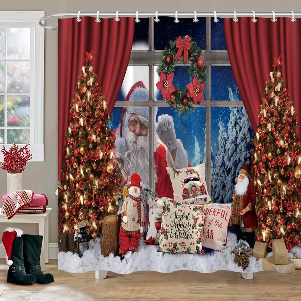 Рождественская вечеринка Занавески для душа Камин Рождественская елка и подарки Снеговик Снежная сцена Моющаяся занавеска для душа Арт Декор для ванной