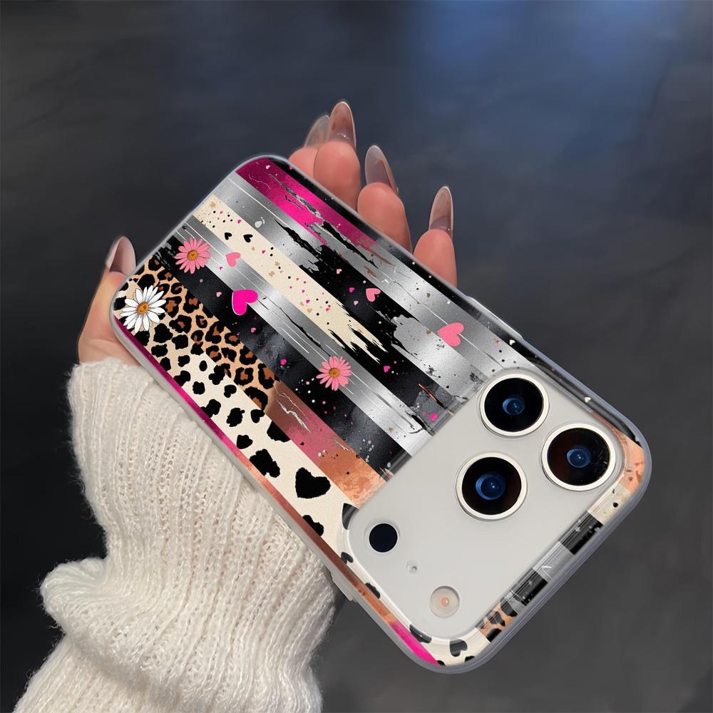 Чехол для телефона iPhone 17 17Air 16 15 14 13 12 11 Pro Max Цветок Любовь Леопардовая полоска Прозрачная рамка Силиконовый Мягкий чехол Funda