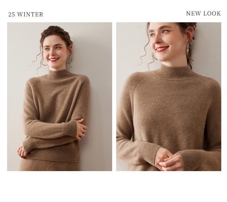 Women's Cashmere Knit Half-High Neck Raglan Sleeve Sweater – Autumn/Winter Base Layer Top