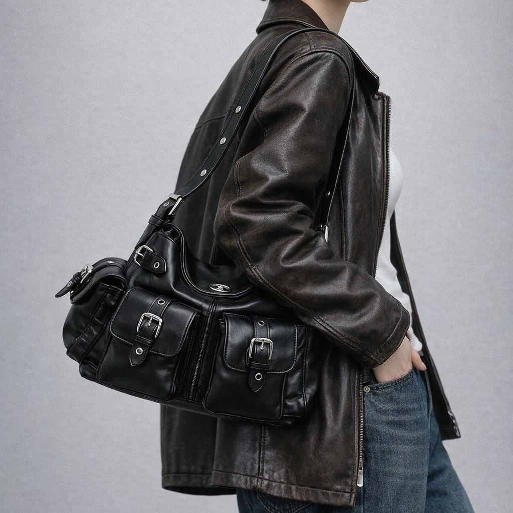 Large Capacity Multi Pocket PU Women's Underarm Shoulder Bag New Fashi Persality Y2K Motorcycle Crossbody Bags for Woman