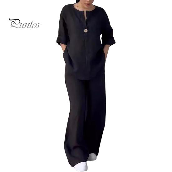2 Pcs/Set Blouse Pants Set V Neck Long Sleeves Button Decor Top Wide Leg Loose Drawstring Elastic Waist Trousers OL Commute Casual Homewear Outfit