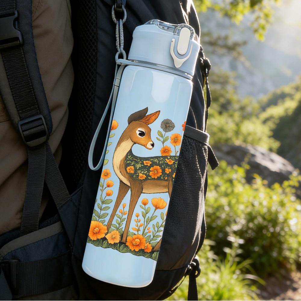 1PC Floral Deer Illustration 750ml Color Plastic Sports Water Bottle Leakproof Flip Straw Lid Suitable for Sports Office Home Use