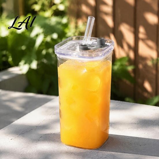 Elegant Glassware for Wedding Gifts Glass Cup with Lid And Straw Square Clear Borosilicate Heat Resistant Kitchen Tumbler Portable Drinking