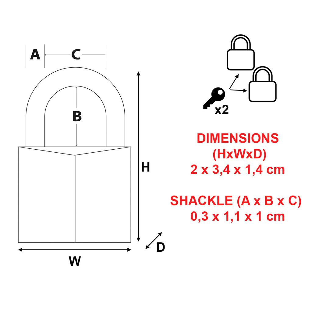 Master Lock Pack of 2 Small Aluminium Padlocks, Key, 20 x 34 x 14 mm