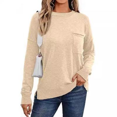Женский осенний однотонный топ с круглым вырезом и длинными рукавами