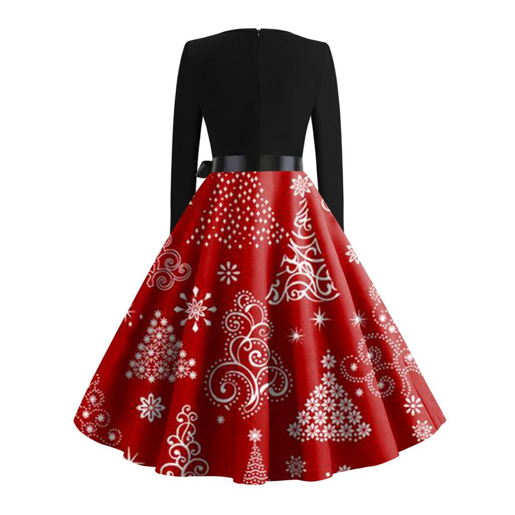 Женское рождественское платье с расклешенным принтом и длинным рукавом с круглым вырезом, вечерние повседневные платья