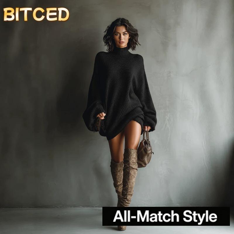 BITCED Модные Осенние Зимние Однотонные Платья с Принтом, Длинным Рукавом, Повседневные