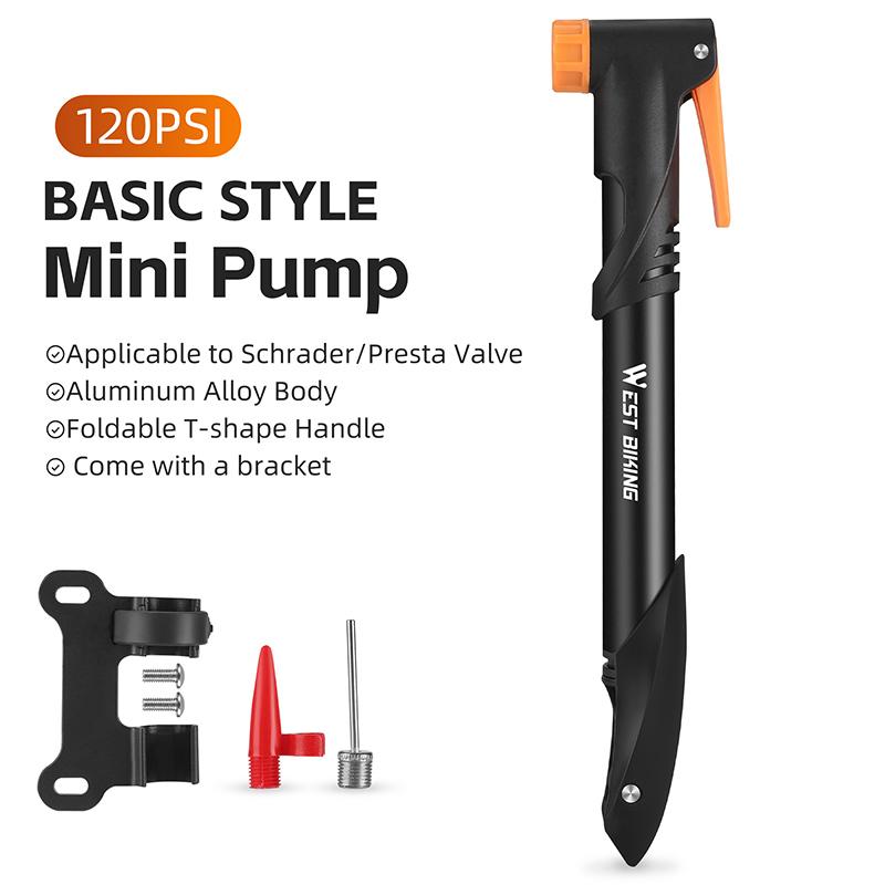 WEST BIKING Portable Bicycle Air Pump With Precise Gauge 120PSI Aluminum Alloy Hand Pump Schrader Presta Valve Tire Inflator