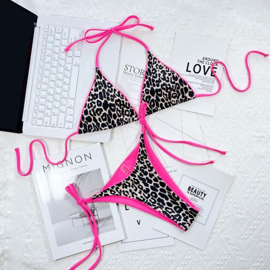 2 шт./компл. женский комплект бикини с леопардовым вырезом и спагетти с принтом, ремень на шнуровке с мягкой подкладкой