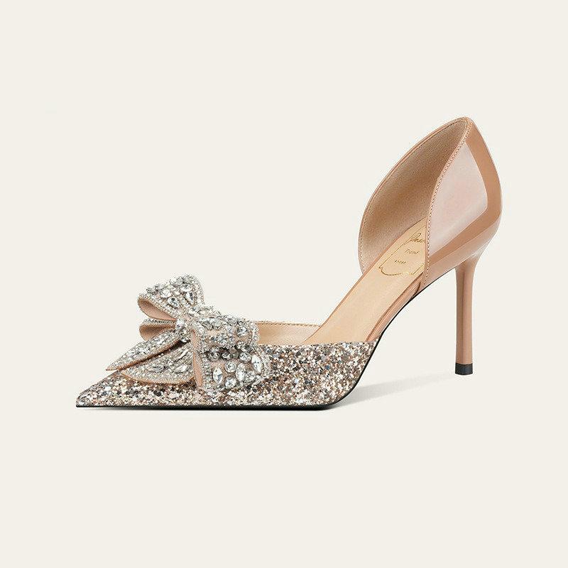 Fashion French Goat Leather Shoes Butterfly Wedding Shoes Women'S Heels Fine Heel Pointed Crystal Wedding Shoes Not Tiring Feet