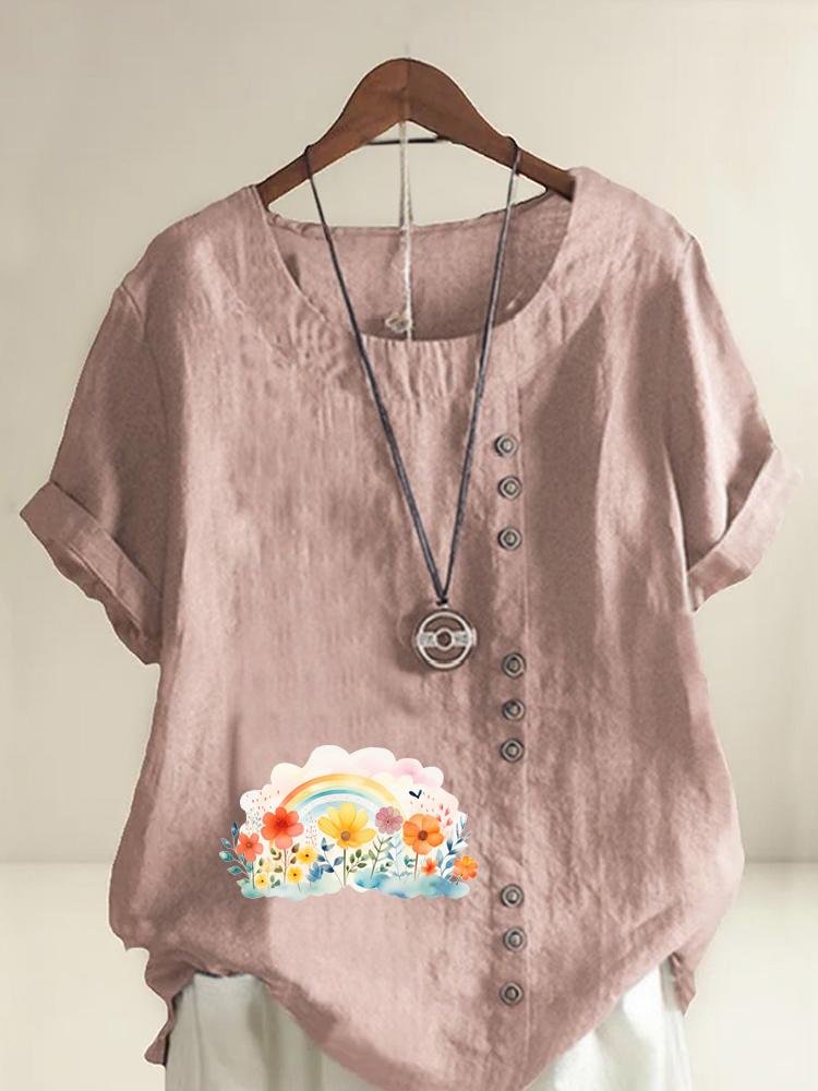 Women's Fashion Rainbow Flower Clusters Printing Shot Sleeve T-shirt Loose Cotton Shirt Casual Loose Summer Blouse Tops Plus Size