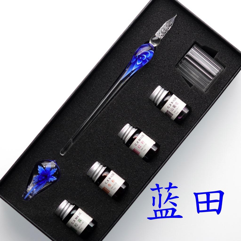 Embedded flower glass pen set, colored dipping pen, street vendor gift box, signature pen, glass pen gift