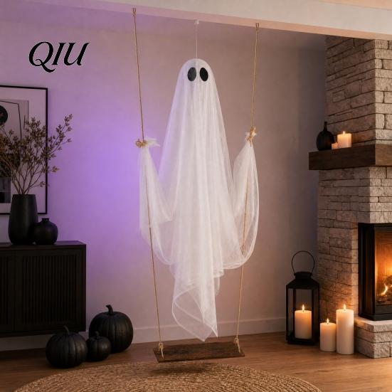Swinging Ghost Light Halloween Decoration, Large Hanging Swing with LED String Lights, Glowing Ornament Battery Powered Figure for Outdoor Indoor