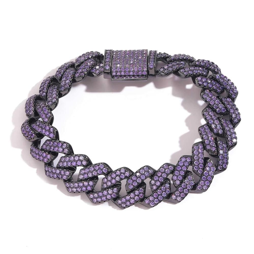 Fashion Hip Hop Jewelry 15mm Wide Black Gun Plated Rhombus Cuban Bracelet Prong Setting Purple CZ Cuban Link Bracelet