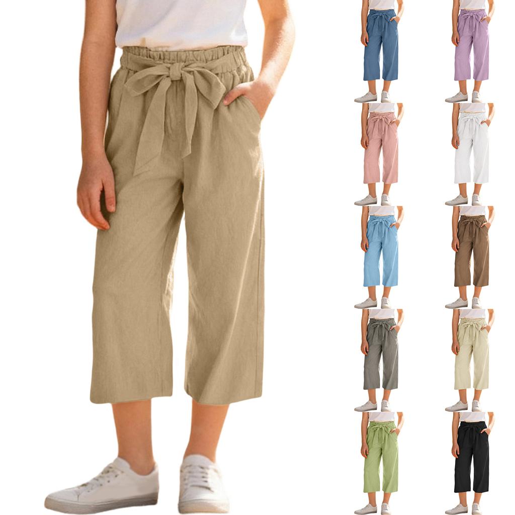 Girls' -Color Cotton-Linen Wide-Leg Loose-Fit Cropped Pants With Elastic Waistband