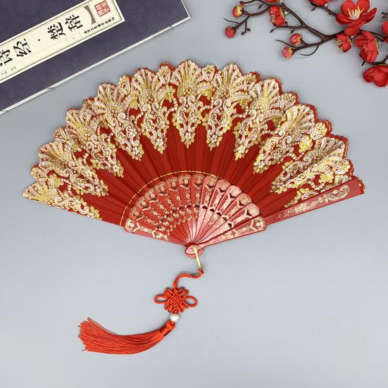 Chinese Style Folding Fan with Tassel Portable Summer Hand Held Fan Dance Performance Photo Props Party Costume Accessories Gift