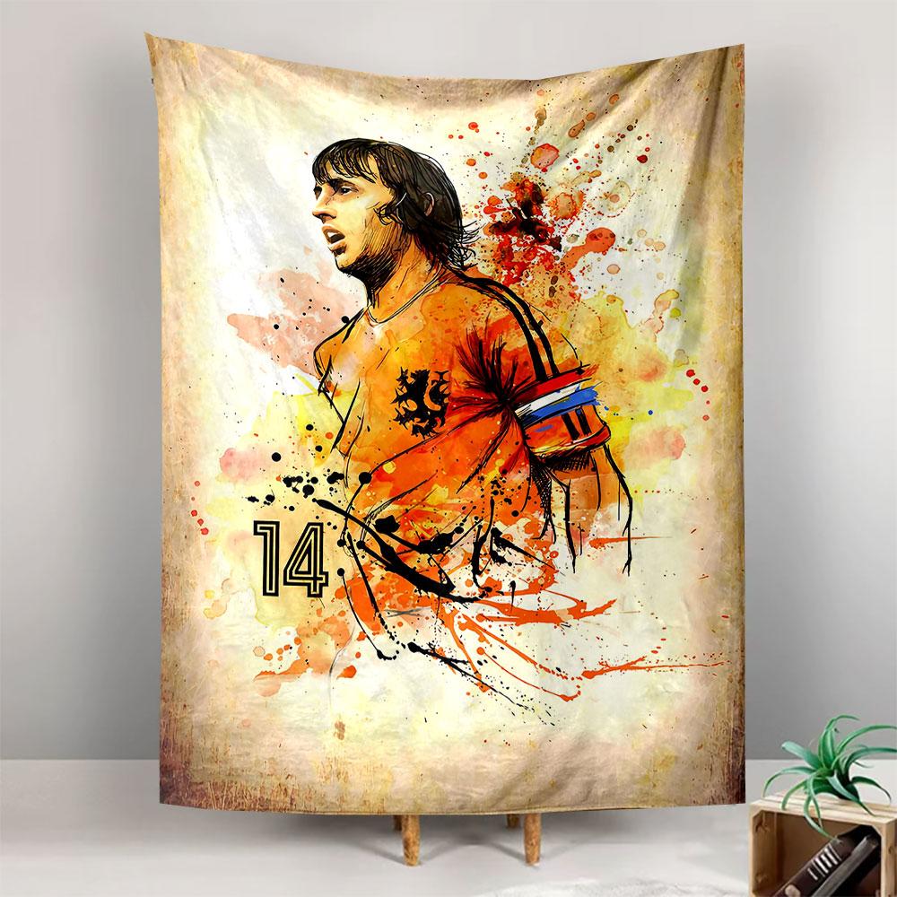 Johan Cruyff Netherlands Number 14 Football Legend Wall Tapestry Orange Jersey Watercolor Portrait Decor for Fan Man Cave Gift