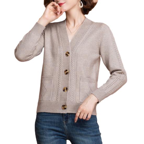 Women Knitted Cardigan Spring Autumn V Neck Button Closure Long Sleeves Solid Color Middle Age Ladies Coat Top Streetwear