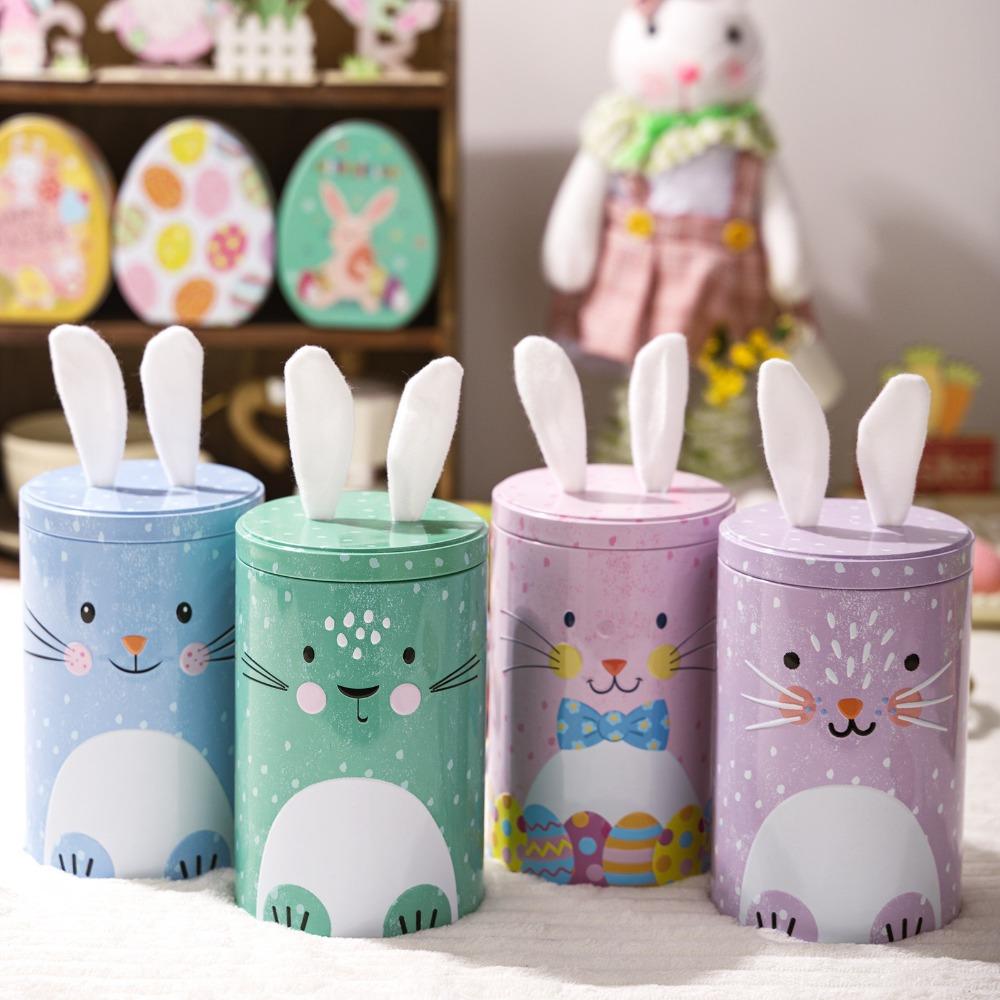 Cute Easter Bunny Tin Box Vintage Storage Gift Box Creative Iron Bucket Ornament Party Favors