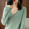 Женский свитер с V-образным вырезом, однотонный трикотажный свитер на весну и осень, с длинными рукавами, короткий кардиган, тонкий облегающий свитер