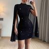 Yousheng Women's Cape Sleeve Dress Mock Neck Bodycon Mini Dress Sexy Shiny Chiffon Cloak Sleeve Cocktail Dress for Wedding Evening Party
