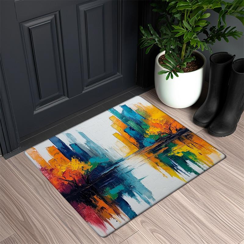 1pc Vibrant Cityscape Reflection Flannel Mat - 0.47inch Thick Sponge, Machine Washable, Non-Slip Comfort - Ideal for Indoor/Outd