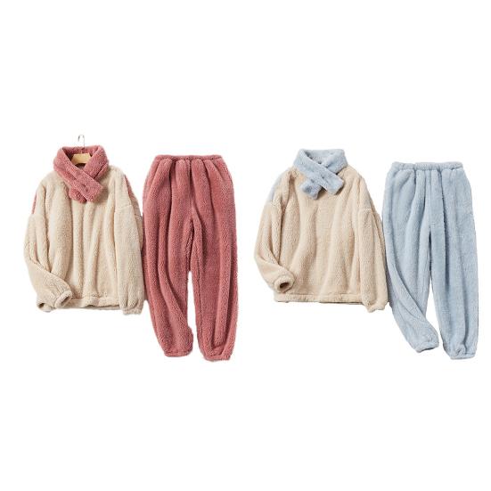 Пушистый пижамный комплект для женщин, мягкий флисовый пуловер, комплект из 2 предметов, домашняя одежда с шарфом, зимний плюшевый теплый комплект для сна