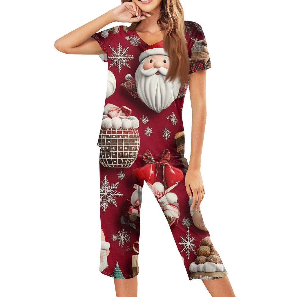 Женская повседневная спортивная пижама с коротким рукавом и укороченными брюками с рождественским принтом