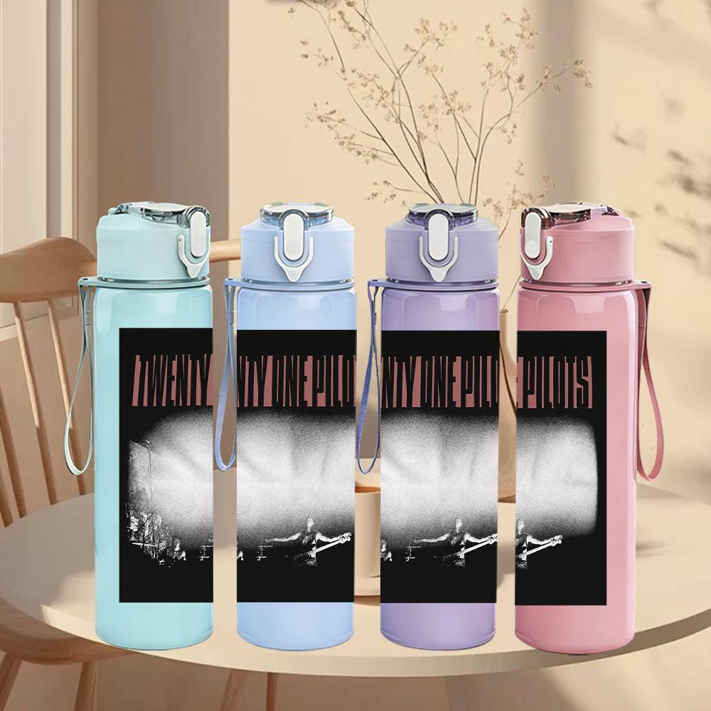 1PC Dark band rectangular album cover print 750ml colorful plastic sports water bottle leakproof pop lid with straw for outdoor office home use