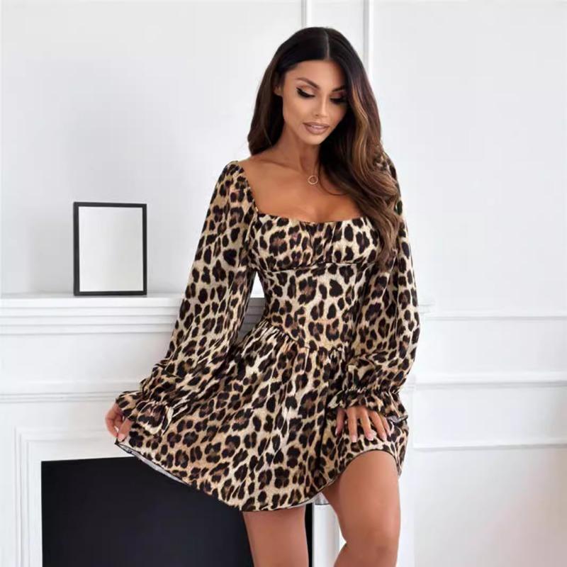 Женские осенне-зимние новые платья с длинными рукавами и леопардовым принтом