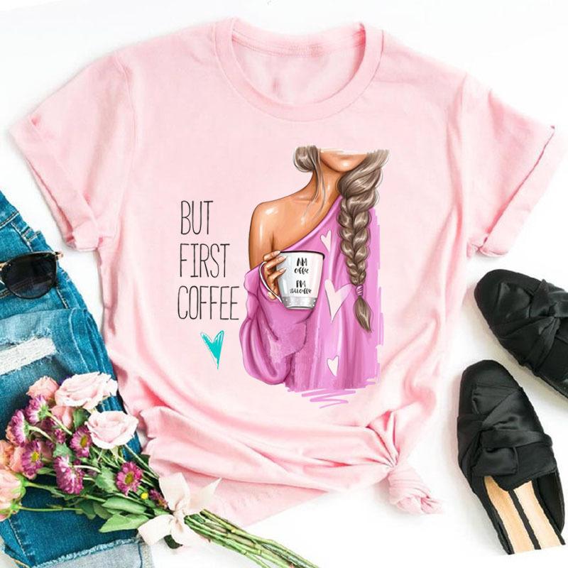 Летняя мода Coffee Girl Urban Base Shirt Круглый вырез Чистый хлопок Короткие рукава Женские футболки Женские