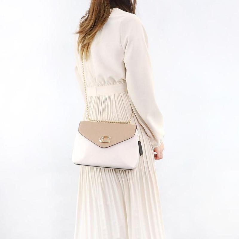 COACH Tammie 26 logo snap polished leather chain flap bag shoulder crossbody bag medium size women milk tea color with white